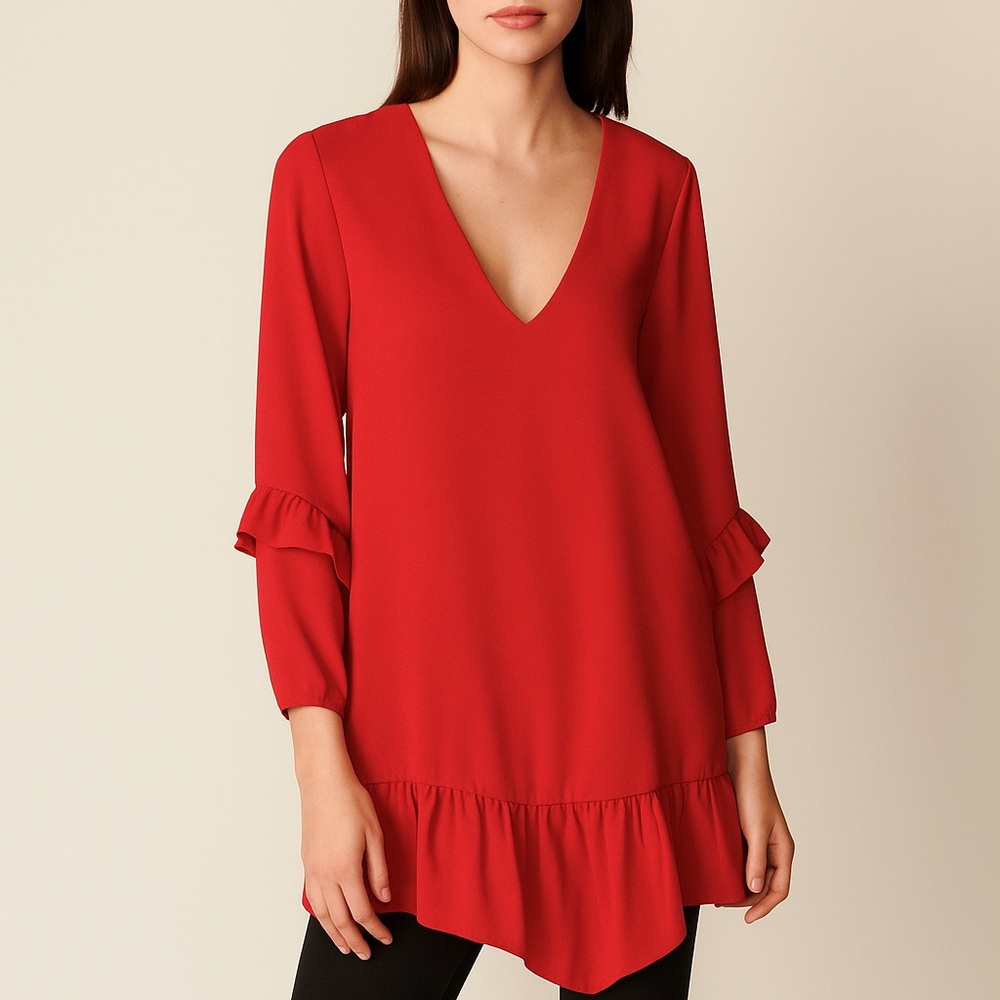 Zara Red V-Neck Tunic with Ruffle Sleeves